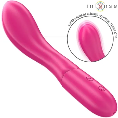 Rosa Vibrator mit geschwungener Form, zwei Knöpfen und Fokus auf Klitorisstimulator.