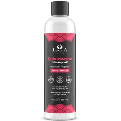 Bottle of LuxuriA Quintessence massage oil, Berry Hibiscus fragrance, 150 ml, black label with pink accents.