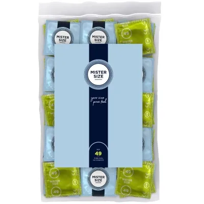 Packaging containing Mister Size condoms in blue and green, size 49, 100 pieces.