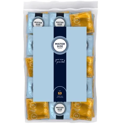 Verpackung mit Mister Size Kondomen in blauen und goldenen Folien, Größe 53, 100 Stück.