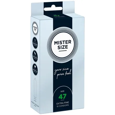 Packaging of Mister Size condoms, size 47, extra fine, 10 pieces.
