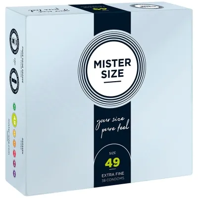 Verpackung von Mister Size Kondomen, Größe 49, 36 Stück, mit Slogan "your size pure feel".