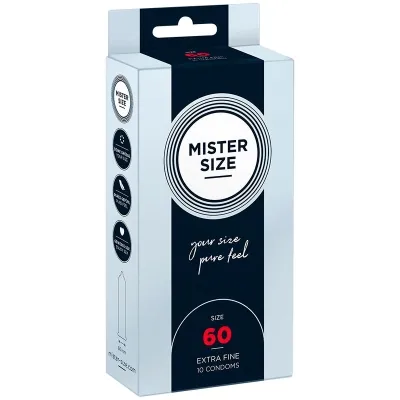 Verpackung von Mister Size Kondomen, Größe 60, extra fein, 10 Stück, mit Slogan "your size pure feel".