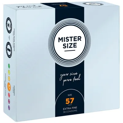 Packaging of Mister Size condoms, size 57, extra fine, 36 pieces.