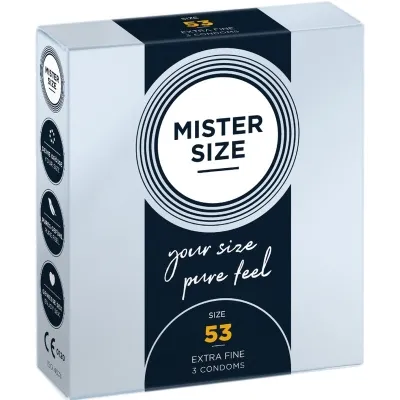 Verpackung von Mister Size Kondomen, Größe 53, extra fein, 3 Stück, mit Slogan "your size pure feel".