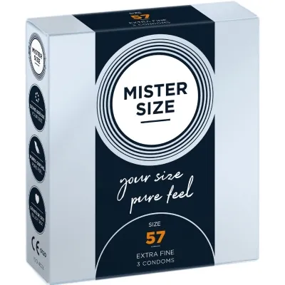 Packaging of Mister Size condoms, size 57, extra fine, 3 pieces, with slogan "your size, pure feel".