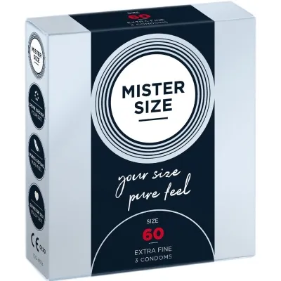 Verpackung von Mister Size Kondomen, Größe 60, extra fein, 3 Stück.