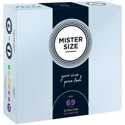 Packaging of Mister Size condoms, size 69, extra fine, 36 pieces.