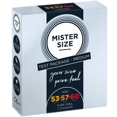 Verpackung von Mister Size Kondomen, Testpaket Medium, Größen 53, 57, 60, mit der Aufschrift "your size, pure feel".