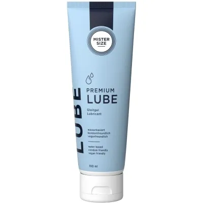 Blaue Tube Mister Size Premium Lube, 100 ml, wasserbasiert, kondom- und veganfreundlich.