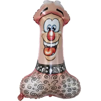 Funny balloon in the shape of a cartoon face with tongue and eyes, decorated with patterns and a collar.
