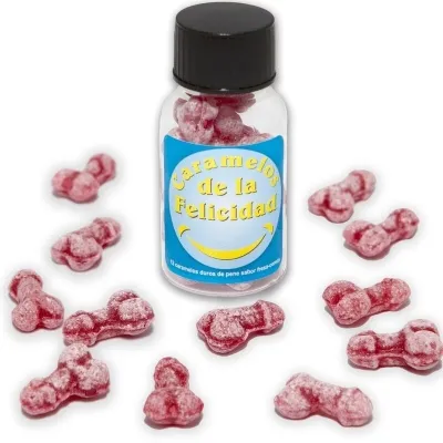 Bottle containing red, penis-shaped candies, labelled "Caramelos de la Felicidad".