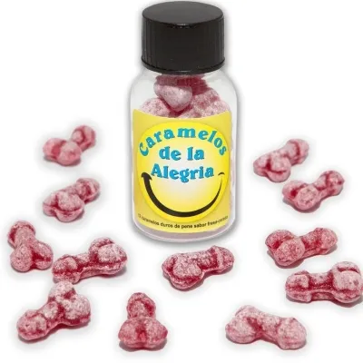 Bottle of red, penis-shaped candies, label "Caramelos de la Alegría".