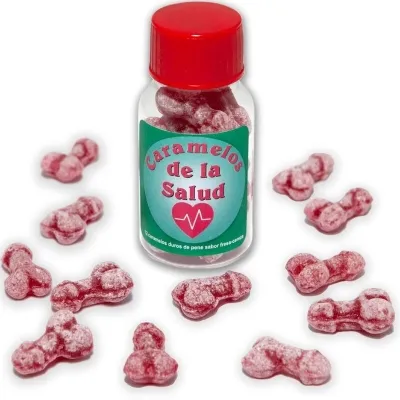 A red candy jar labeled "Caramelos de la Salud" (Candy of Health), surrounded by red, bone-shaped candies.