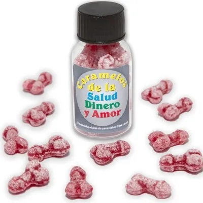 Flasche mit roten Bonbons in Penisform, Etikett: "Caramelos de la Salud Dinero y Amor".