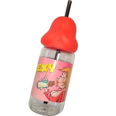 Transparent bottle with red cap, black straw and comic print with the word "SEXY".