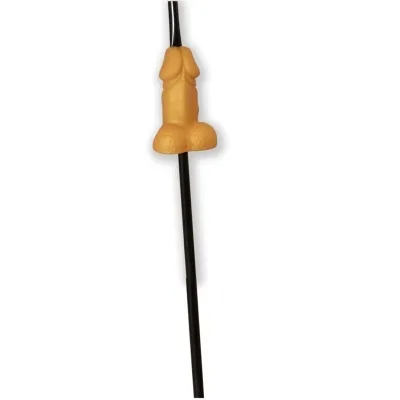 A black straw with a yellow, humorous decoration in the shape of a male genitalia.