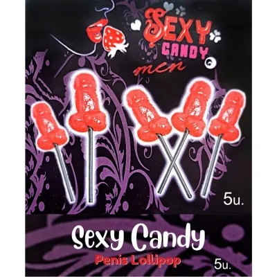 Five red lollipops in the shape of a penis on a black background with the inscription "Sexy Candy Penis Lollipop".