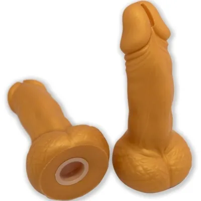 Two yellow bottle openers in the shape of a penis, one standing, one lying down.