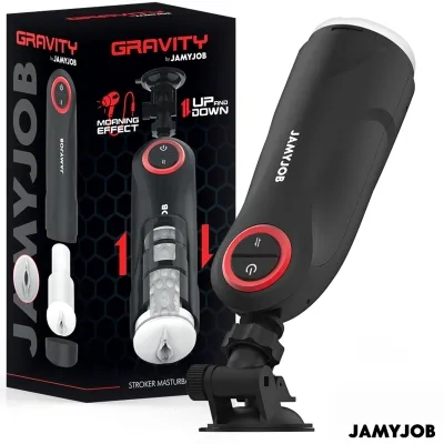 Black masturbation device with red accents, packaging in the background, brand name "JAMYJOB" visible.