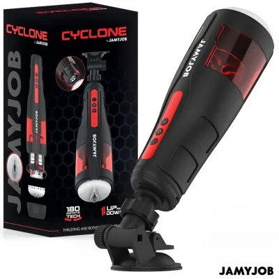 Schwarzes und rotes Gerät mit Saugnapf, Verpackung im Hintergrund, Marke "JAMYJOB", Modell "CYCLONE".