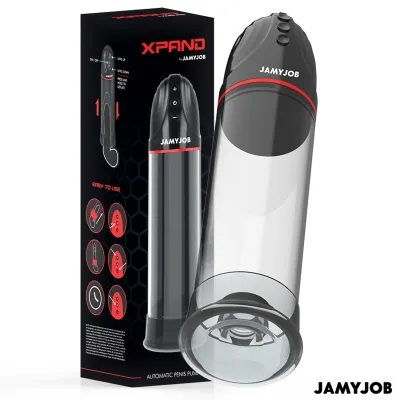Packaging and product of an automatic penis pump from Jamyjob, with a black and transparent design.