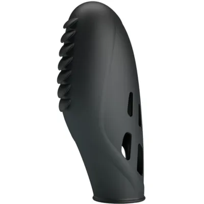 Black silicone oven mitt with ribbed handle and ventilation slots, side view.