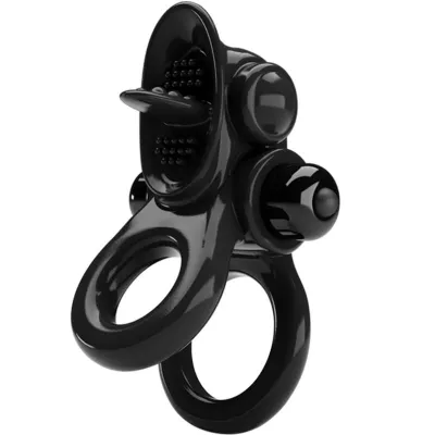Black silicone cock ring with two rings and textured top, designed for extra stimulation.