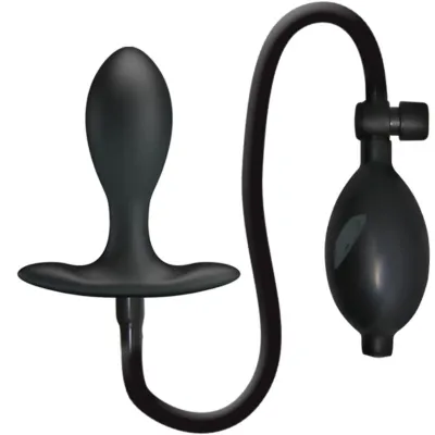 Schwarzer aufblasbarer Analplug mit Pumpe und Schlauch.