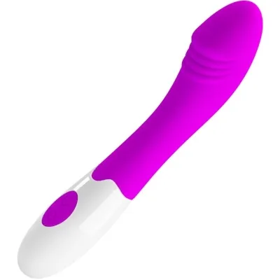 Purple and white vibrator with a curved design and controls on the handle.