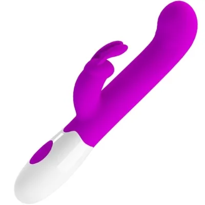Lila Vibrator mit Hasenohren und weißem Griff.