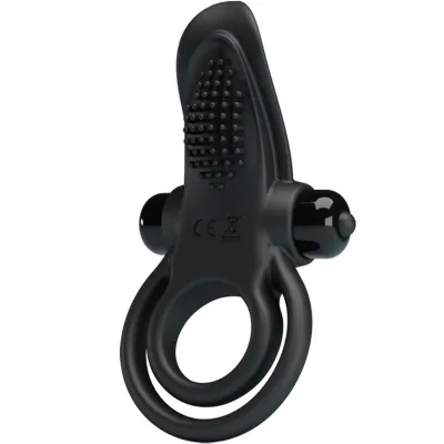Black silicone vibration ring with nubs and two rings, CE marking visible.