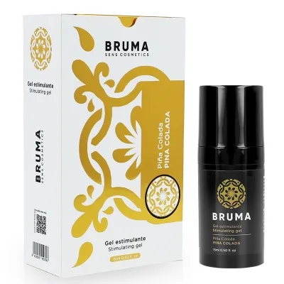 Bruma Sens Cosmetics Piña Colada Stimulating Gel, 15ml, in weißer Verpackung mit goldenen Verzierungen und schwarzer Flasche.