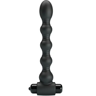 Black, textured massager with multiple balls and a rounded tip, vertically oriented.