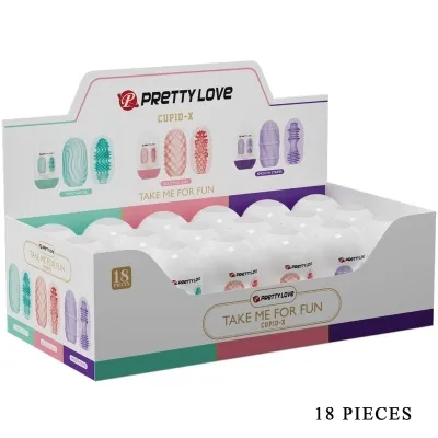 Packaging containing 18 white, egg-shaped products of the brand "Pretty Love" with various textures.