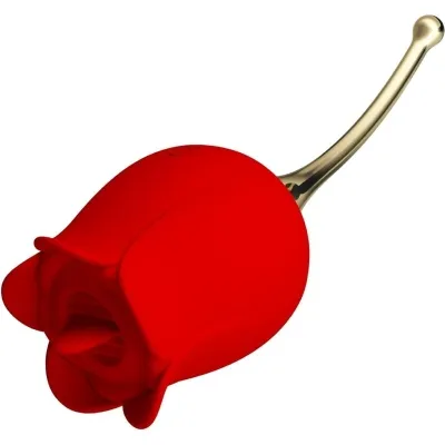 Red rose with a golden stem, stylized and modernly designed.