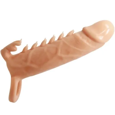 Skin-colored penis ring with nubs and loop, made of silicone, for stimulation.