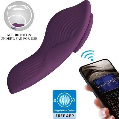 Purple wearable vibrator with app control, showing connection to smartphone and underwear attachment.