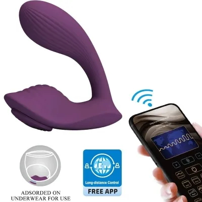 Purple vibrator with app remote control, next to a smartphone. Symbols for underwear use and remote control.