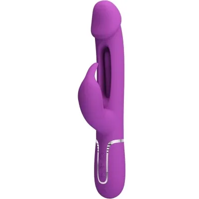 Lila Vibrator mit Klitoris-Stimulator und Bedienelementen am Griff, auf weißem Hintergrund.