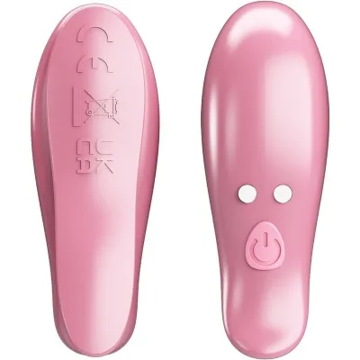 Two pink devices with a smooth surface, one with symbols, the other with two buttons and an on/off switch.