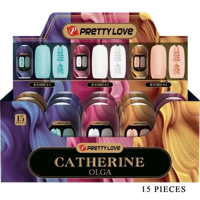 Packaging for "Pretty Love" containing 15 pieces, in various colors and designs, product name "Catherine Olga".