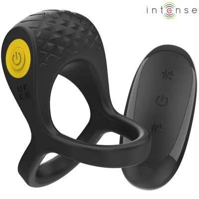 Black vibrating ring with yellow button and remote control, brand "intense".