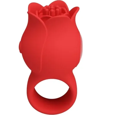 Red, flower-shaped silicone ring with a textured interior, on a white background.