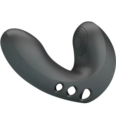 Black, ergonomically shaped device with a smooth surface and three holes on the underside.
