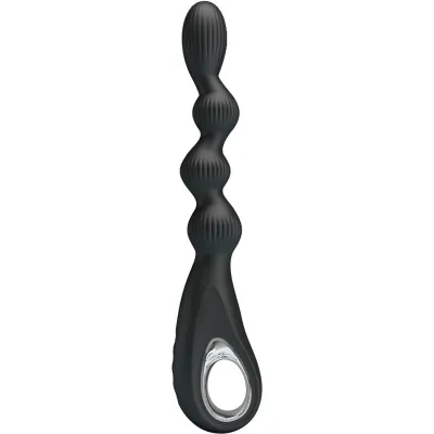 Black, ribbed silicone sex toy with ergonomic handle and multiple balls.