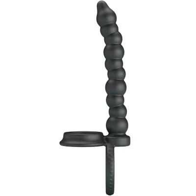 Black, spiral-shaped silicone toy with ring handle, shown from the side on a white background.