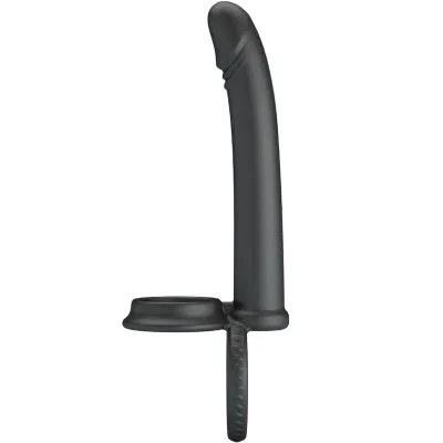 Black silicone sex toy with curved shaft and two rings, side view.