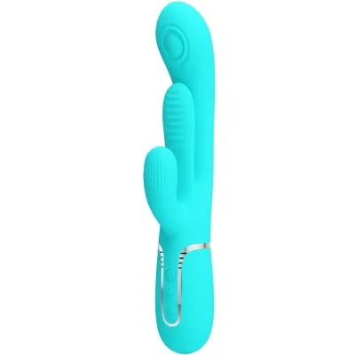 Turquoise vibrator with two attachments and controls at the base.