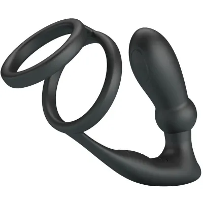 Black silicone cock ring with two rings and a curved stimulation arm.